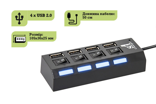 1StCharger USB-хаб 1stCharger 4 порта 2.0 Black (HUB1ST20401) - Картинка 2