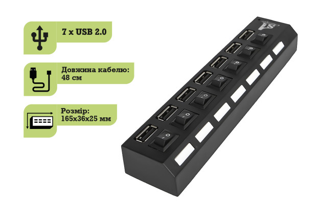 1StCharger USB-хаб 1stCharger 7 портов 2.0 Black (HUB1ST20702) - Картинка 3