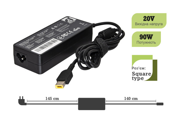 1StCharger Блок живлення 1stCharger для ноутбука LENOVO 90W 20V 4.5A Square з кабелем живлення 220В (AC1STLE90WC) - Заображення 2