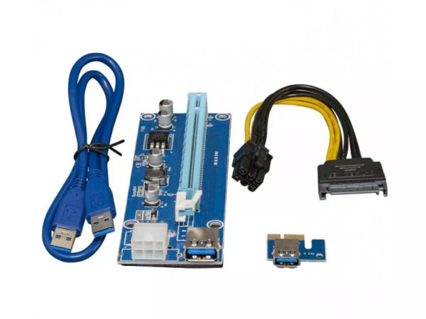1StCharger Перехідник райзер 1stCharger PCI-E, x1=>x16, 6pin, SATA, USB 3.0 AM-AM 0,6 м (RZR6PIN) - Заображення 2