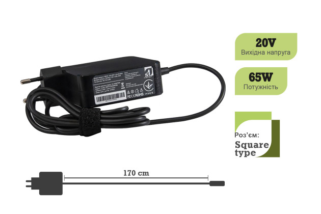 1StCharger Блок живлення 1StCharger для ноутбука LENOVO 65W 20V 3.25A Square Wall Mount (WM1ST20V65WUSB) - Заображення 2